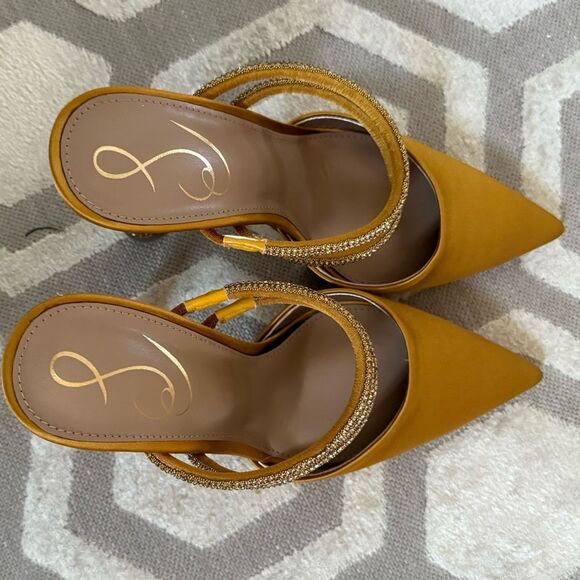 Sam Edelman Agustina Rhinestone Embellished Satin Mules in Golden Yellow 6 - Picture 8 of 11